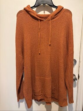 Natural Reflections Women's Hooded Waffle Knit Sweater - Rust Orange